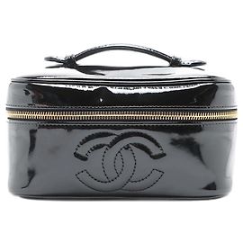 Chanel Black patent leather vintage 1994-1996 vanity case with CC embroidery and gold hardware - size Black