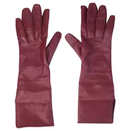 Burberry-Burgundy stitch detail leather gloves-Dark red