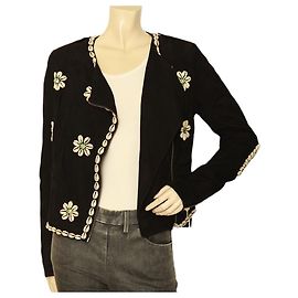Manoush black suede off center zip jacket embroided with shells crystals size 36 Black