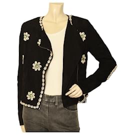 Manoush-Manoush black suede off center zip jacket embroided with shells crystals size 36-Black
