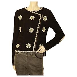 Manoush-Manoush black suede off center zip jacket embroided with shells crystals size 36-Black