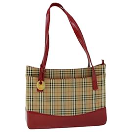 Burberry-BURBERRY Nova Check Tote Bag Toile Cuir Beige Rouge Auth 54024-Rouge,Beige