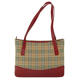 Burberry-BURBERRY Nova Check Tote Bag Canvas Leather Beige Red Auth 54024-Red,Beige