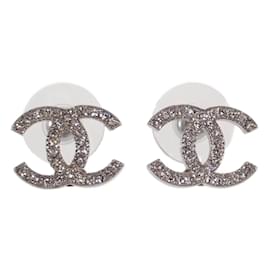 Chanel-CC Crystal Stud Earrings-Silvery