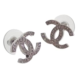 Chanel-CC Crystal Stud Earrings-Silvery