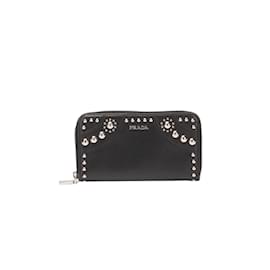 Prada-Prada Studded Leather Zip Around Wallet Leather Long Wallet in Good condition-Black