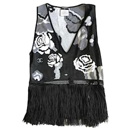 Chanel-Chanel black tank top with fringes and floral pattern-Black