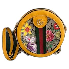 Gucci-Gucci Brown GG Supreme Round Flora Ophidia Shoulder Bag Brown Beige Yellow-Multiple colors,Beige,Yellow,Gold hardware