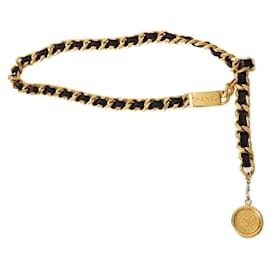 Chanel-Chanel schwarzer Ledergürtel und goldene Kette-Schwarz