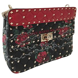 Valentino Garavani-Valentino Rockstud Spike bag in black and red leather with flower pattern-Multiple colors