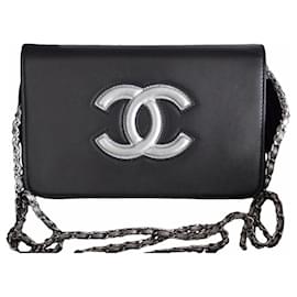 Chanel-Cartera Chanel WOC con bolso con logo CC en cadena-Negro,Plata,Hardware de plata