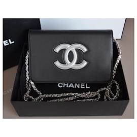 Chanel-Cartera Chanel WOC con bolso con logo CC en cadena-Negro,Plata,Hardware de plata