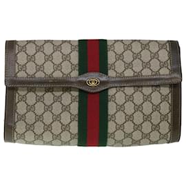 Gucci-GUCCI GG Canvas Web Sherry Line Clutch Bag PVC Leather Beige Green Auth 54779-Red,Beige,Green