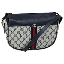 Gucci-GUCCI GG Canvas Sherry Line Shoulder Bag Gray Red Navy 37 01 4001 Auth yk8574-Red,Grey,Navy blue