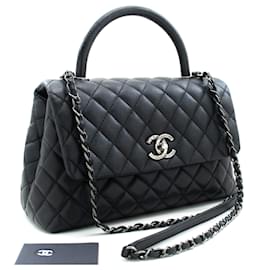 Chanel-Chanel 2 Borsa a tracolla Way Top Handle Borsa a mano in pelle di caviale nera-Nero