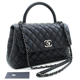 Chanel 2 Way Top Handle Handbag Shoulder Bag Black Caviar Leather Black