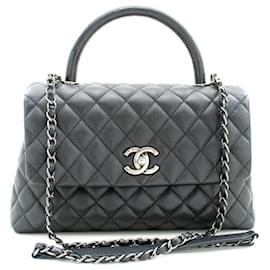 Chanel-Chanel 2 Way Top Handle Handbag Shoulder Bag Black Caviar Leather-Black
