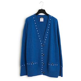Chanel-2016 Cárdigan Algodón Cashmere Perlas Azul FR44/48-Azul