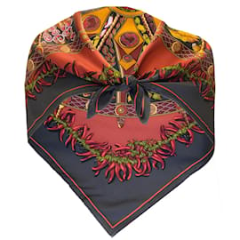 Hermès-Hermes rojo / Bufanda de sarga de seda cuadrada Hermès Aux Pays des Epices multicolor gris carbón-Multicolor