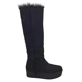 Prada-Prada Black Suede Shearling Lined Tall Platform Boots-Black