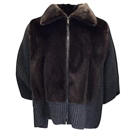 Autre Marque-Brandon Sun Brown / Charcoal Grey Mink Fur and Wool Knit Full Zip Jacket-Brown