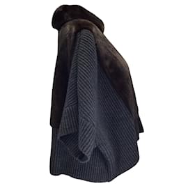 Autre Marque-Brandon Sun Brown / Charcoal Grey Mink Fur and Wool Knit Full Zip Jacket-Brown