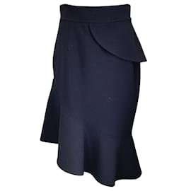 Oscar de la Renta-Oscar de la Renta Navy Blue Asymmetrical Ruffled Wool Midi Skirt-Blue