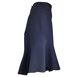 Oscar de la Renta-Oscar de la Renta Navy Blue Asymmetrical Ruffled Wool Midi Skirt-Blue