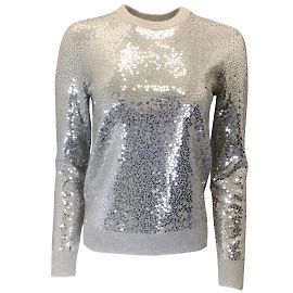 Michael Kors Kollektion Grau / Langärmliger Kaschmir-Strickpullover mit Rundhalsausschnitt und silbernen Metallic-Pailletten Grau