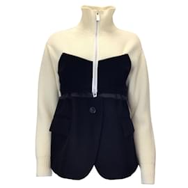 Sacai-Sacai Ivory / Black Sweater Knit and Wool Jacket-Cream