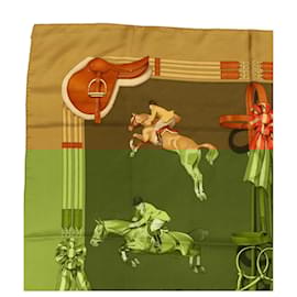 Hermès-HERMÈS CARRÉ 90 JUMPING Echarpe Soie Kaki Auth bs6301-Vert