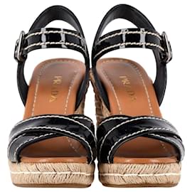 Prada-Prada Cross Strap Wedge Sandals in Black Patent Leather-Black