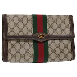 Gucci-GUCCI GG Canvas Web Sherry Line Clutch Bag PVC Leather Beige Red Auth ep1343-Brown