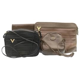 Valentino Garavani-VALENTINO Clutch Shoulder Bag Leather Coated Canvas 4Set Brown Black am1935g-Brown