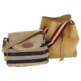 Bally-BALLY Sherry Line Shoulder Bag Leather 2Set Beige Red Navy Auth bs5761-Brown