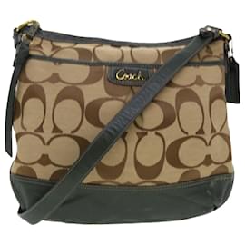 Coach-Bolsa de ombro Coach Signature Lona Couro Bege Cáqui Marrom Auth am4217-Marrom