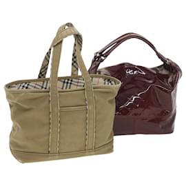Burberry-BURBERRY Hand Bag Enamel Canvas 2Set Beige Wine Red Auth cl428-Brown