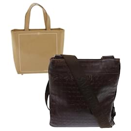 Salvatore Ferragamo-Salvatore Ferragamo Shoulder Hand Bag Leather 2Set Brown Beige Auth bs6270-Brown