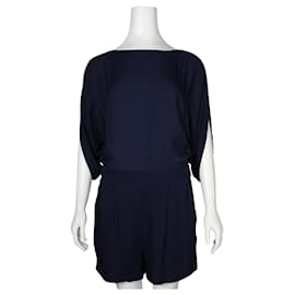 Diane Von Furstenberg-Navy Blue Silk Romper with Open n Back-Blue,Navy blue