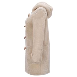 Saint Laurent-Saint Laurent Toggle-Front Hooded Duffle Coat in Beige Shearling-Beige