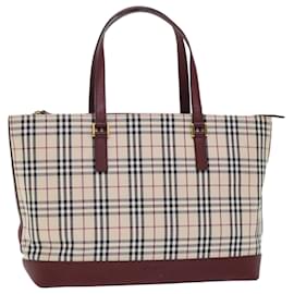 Burberry-BURBERRY Nova Check Tote Bag Canvas Leather Beige Wine Red black Auth am4848-Brown