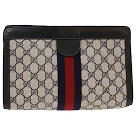 Gucci-GUCCI GG Canvas Sherry Line Clutch Bag PVC Leather Navy Red Auth ep1288-Blue