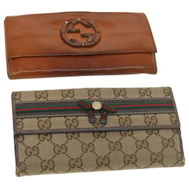 Gucci-GUCCI GG Canvas Web Sherry Line Long Wallet 2Set Beige Brown Red Auth yt976-Brown