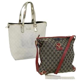 Gucci-GUCCI GG Canvas Shoulder Tote Bag PVC Leather 2Set White Navy Red Auth yt962-White