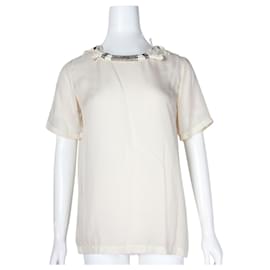 Lanvin-Ivory Silk Top with Crystal Embellishments at Front-White,Cream