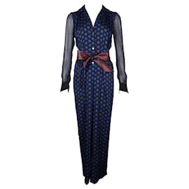 Diane Von Furstenberg-Electric Blue Polka Dot & Stripes Cathy Jumpsuit-Blue