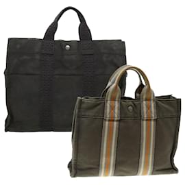 Hermès-HERMES Her Line Tote Bag Canvas 2Set Gray Auth bs5119-Grey