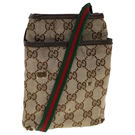 Gucci-GUCCI GG Canvas Web Sherry Line Shoulder Bag Beige Green Red 141863 Auth ki2891-Brown