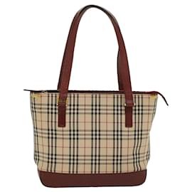 Burberry-BURBERRY Nova Check Hand Bag Nylon Leather Beige Auth 46310-Brown