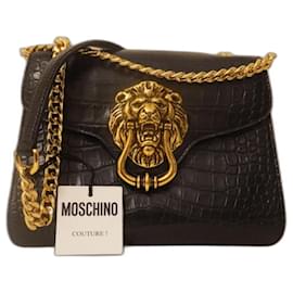 Moschino-Moschino Schultertasche aus Leder mit Löwenplakette-Schwarz